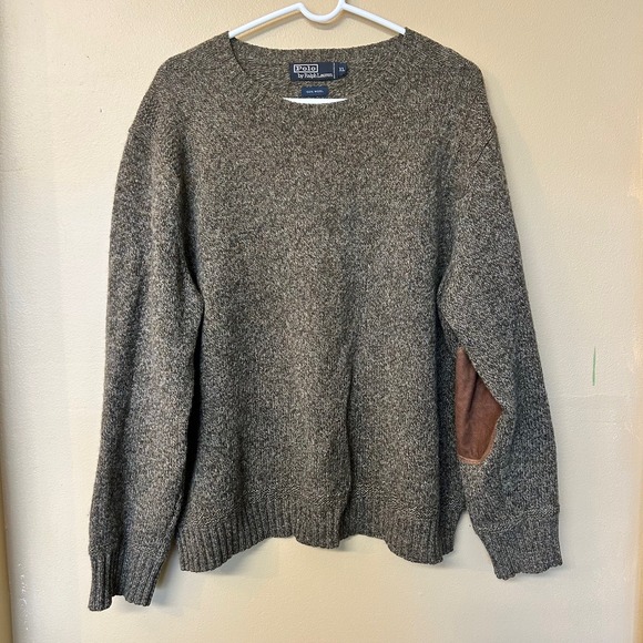 Polo Ralph Lauren Wool Sweater XL Brown Knit Crewneck Elbow Patch Menswear - Picture 1 of 6